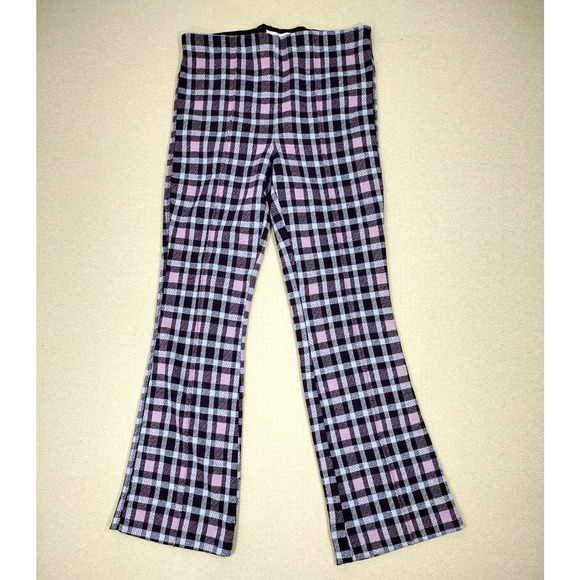 Maeve Anthropologie Pants Women's XS Purple Plaid Crop Kick Flare Knit Pull On - Picture 1 of 8